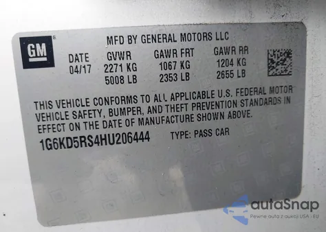 2017 Cadillac Ct6 Luxury из США, поврежденный, VIN 1G6KD5RS4HU206444